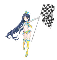 Rule 34 | 1girl, armpits, bare shoulders, blue hair, boots, breasts, checkered flag, closers, crop top, cropped vest, detached collar, elbow gloves, flag, full body, gloves, grin, hairband, highres, holding, holding flag, long hair, looking at viewer, lucy (closers), micro shorts, midriff, miniskirt, navel, non-web source, official art, one eye closed, open clothes, open vest, outstretched arms, race queen, shirt, shorts, showgirl skirt, skirt, sleeveless, sleeveless shirt, small breasts, smile, solo, standing, stomach, thigh boots, thighhighs, thighs, very long hair, vest, white gloves, yellow eyes