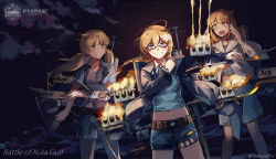 Rule 34 | 3girls, adapted turret, aircraft catapult, belt, blonde hair, blue eyes, blue shorts, braid, brown belt, cannon, cruiser, glasses, highres, long hair, low twintails, machinery, mecha musume, military, military vehicle, multiple girls, night, original, outdoors, personification, red-framed eyewear, ship, shorts, single braid, smokestack, turret, twintails, uss helena (cl-50), uss honolulu (cl-48), uss st. louis (cl-49), warship, watercraft, world war ii, yorktown cv-5
