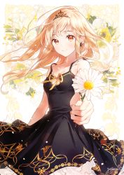 Rule 34 | 1girl, artist name, black dress, blonde hair, breasts, cleavage, closed mouth, commentary, daffodil, diadem, dress, earrings, floral background, flower, foreshortening, frilled dress, frills, gold trim, gomzi, holding, holding flower, jewelry, long hair, looking at viewer, medium breasts, medium dress, original, print dress, signature, smile, solo, spaghetti strap, standing, upper body, wind, yellow eyes