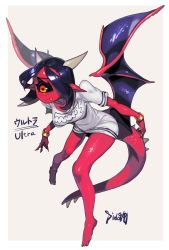 Rule 34 | 1girl, barefoot, black hair, black sclera, bracelet, character name, closed mouth, colored sclera, colored skin, dragon tail, dragon wings, fang, feet, female focus, flying, highres, jewelry, leaning forward, monster girl, one-eyed, orange eyes, original, pointy ears, red skin, scales, shirt, sido (slipknot), signature, solo, tail, white shirt, wings
