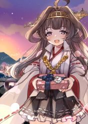 Rule 34 | 1girl, ahoge, bare shoulders, black skirt, blush, brown hair, commission, cowboy shot, detached sleeves, double bun, gift, hair bun, hairband, headgear, heart, holding, holding gift, japanese clothes, kantai collection, kaomoji (sagor00237), kongou (kancolle), long hair, nontraditional miko, open mouth, pleated skirt, purple eyes, ribbon-trimmed sleeves, ribbon trim, skirt, smile, solo, wide sleeves