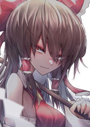 Rule 34 | 1girl, 33 gaff, bad anatomy, bare shoulders, bow, brown hair, closed mouth, detached sleeves, hair between eyes, hair bow, hair tubes, hakurei reimu, holding, japanese clothes, long hair, nontraditional miko, red bow, red eyes, sarashi, sidelocks, simple background, solo, touhou, upper body, white background, wide sleeves