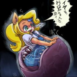 Rule 34 | 1girl, animal ears, animal nose, artist name, black background, blonde hair, blue flower, blue overalls, blush, body fur, breasts, coco bandicoot, crash bandicoot (series), eyeshadow, female focus, flower, furry, furry female, green eyes, hair flower, hair ornament, japanese text, long hair, looking down, makeup, medium breasts, monster, nose blush, nousen, open mouth, orange fur, outstretched arms, overalls, plant, ponytail, saliva, scared, sharp teeth, shirt, short sleeves, signature, simple background, solo, speech bubble, strap slip, sweat, talking, tears, teeth, translation request, trembling, two-tone fur, veins, vore, white fur, white shirt