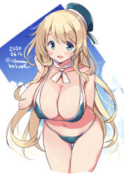 Rule 34 | 1girl, adapted costume, arms behind back, atago (kancolle), beret, bikini, blonde hair, blue bikini, blue eyes, blue hat, blush, breasts, collarbone, cropped legs, dated, hair between eyes, hat, kantai collection, large breasts, long hair, navel, odawara hakone, open mouth, smile, solo, swimsuit, twitter username