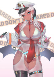 Rule 34 | 1girl, aqua eyes, ass, bare shoulders, bat wings, between breasts, black footwear, blush, bra, breasts, cameltoe, cleavage, clothing cutout, collar, come hither, crotch cutout, dark-skinned female, dark skin, demon girl, demon horns, demon wings, earrings, garter straps, gloves, hat, head tilt, highres, horns, impossible clothes, jacket, unworn jacket, jewelry, large breasts, looking at viewer, naughty face, necktie, necktie between breasts, necktie between legs, original, police, police hat, police uniform, policewoman, red necktie, seductive smile, see-through, shiny skin, side cutout, skin tight, skindentation, smile, solo, suerte, thick thighs, thigh strap, thighhighs, thighs, underwear, uniform, white bra, white gloves, white hair, white thighhighs, wings