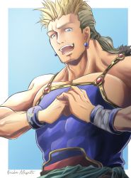 Rule 34 | absurdres, bad id, bad pixiv id, bara, blonde hair, blue background, blue eyes, bracelet, collarbone, cracking knuckles, earrings, facial hair, final fantasy, final fantasy vi, highres, jewelry, long hair, looking at viewer, magnoliaboxuzu, male focus, sabin rene figaro, muscular, muscular male, open mouth, ponytail, signature, smile