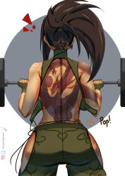 Rule 34 | !, !!, 1girl, absurdres, akali, arm tattoo, artist name, ass, back tattoo, backless shirt, black hair, commentary, english commentary, exercise, fingerless gloves, from behind, gloves, green gloves, hayashidraws, highres, hip vent, league of legends, ninja, ponytail, shoulder tattoo, simple background, sleeveless, solo, tattoo, weightlifting