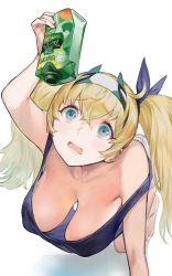 Rule 34 | 1girl, alternate hairstyle, barefoot, blonde hair, blue eyes, breasts, carton, collarbone, downblouse, gambier bay (kancolle), gambier bay mk ii (kancolle), hair ribbon, hairband, hanging breasts, highres, juice box, kantai collection, large breasts, long hair, looking at object, looking up, no bra, nonco, ribbon, simple background, strap slip, tank top, twintails, white background