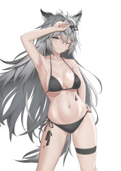 Rule 34 | 1girl, ;), absurdres, animal ears, arknights, arm up, armpits, bare shoulders, bikini, black bikini, breasts, cleavage, collarbone, commentary request, cowboy shot, grey eyes, grey hair, grey tail, hair ornament, hairclip, halterneck, hand on own hip, head tilt, highres, lappland (arknights), long hair, looking at viewer, material growth, medium breasts, navel, nixo (gugunico), one eye closed, oripathy lesion (arknights), revision, side-tie bikini bottom, simple background, smile, solo, standing, stomach, string bikini, swimsuit, tail, thigh strap, thighs, very long hair, white background, wolf ears, wolf tail
