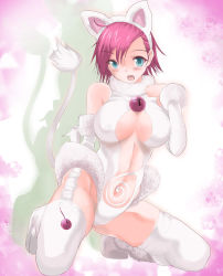 Rule 34 | 1girl, alternate costume, animal ears, bare shoulders, bell, blue eyes, blush, boots, breasts, cat ears, cat tail, center opening, cherry, covered erect nipples, detached sleeves, food, fruit, fur trim, garter straps, impossible clothes, impossible leotard, kneeling, kof: maximum impact, large breasts, leotard, mignon beart, mokomoko yanakku, navel, pink hair, short hair, snk, solo, tail, the king of fighters, thigh boots, thighhighs, white thighhighs