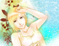 Rule 34 | 1girl, armpits, beach, blonde hair, breasts, brown eyes, closed mouth, collarbone, elena (ff7), female focus, final fantasy, final fantasy vii, floral print, hand on own head, hand up, light smile, looking at viewer, momota (monakapain), sand, short hair, smile, solo, square enix, turks (ff7), twitter username, water