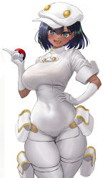 Rule 34 | 1girl, absurdres, aether foundation employee, aether foundation employee (female), aether foundation uniform, b-pang, blue eyes, blush, breasts, covered navel, creatures (company), dark-skinned female, dark skin, elbow gloves, fang, game freak, gloves, hand on own hip, hat, highres, holding, holding poke ball, jumpsuit, large breasts, looking at viewer, nintendo, open mouth, poke ball, poke ball (basic), pokemon, pokemon sm, pouch, short hair, short sleeves, simple background, smile, solo, thighs, uniform, white background, white gloves, white hat, white jumpsuit, wide hips