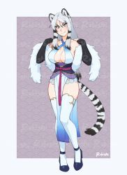 Rule 34 | 1girl, animal ear fluff, animal ears, artist name, black hair, blue eyes, breasts, commentary, detached sleeves, english commentary, full body, hairband, halterneck, highres, long hair, medium breasts, mole, mole under mouth, multicolored hair, original, pelvic curtain, rob ishi, simple background, smile, solo, tail, thighhighs, tiger ears, tiger girl, tiger tail, two-tone hair, watermark, white hairband, white thighhighs