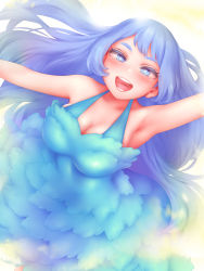 Rule 34 | 1girl, arm up, armpits, blue dress, blue eyes, blue hair, blush, boku no hero academia, breasts, cleavage, collarbone, dress, eyelashes, floating hair, from above, hadou nejire, hair intakes, highres, large breasts, long dress, long hair, looking at viewer, looking up, open mouth, outstretched arms, round teeth, shpo, sleeveless, sleeveless dress, smile, solo, standing, swept bangs, teeth, tongue, very long hair, yellow background
