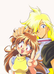 Rule 34 | 1boy, 1girl, ahoge, araizumi rui, blonde hair, blue eyes, blush, breasts, brown hair, couple, earrings, fang, fingernails, gourry gabriev, hairband, hand on head, hand up, highres, jewelry, lina inverse, long hair, looking at viewer, open mouth, red eyes, shirt, simple background, slayers, sleeveless, sleeveless shirt, small breasts, smile, standing, teeth, tongue, turtleneck, turtleneck shirt, v, very long hair