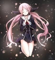 Rule 34 | 1girl, 2017, black bow, black dress, bow, chaos;child, closed eyes, dated, dress, floating hair, hair bow, head tilt, interlocked fingers, legs up, long hair, minamisawa senri, own hands clasped, own hands together, parted bangs, pink hair, red neckwear, sailor collar, school uniform, short dress, socks, solo, twintails, twitter username, very long hair, white sailor collar, white socks, yakku