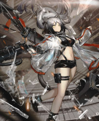 Rule 34 | 1girl, absurdres, animal ears, arknights, bare legs, black footwear, black shorts, bow (weapon), breasts, broken glass, cat ears, cleavage, commentary, crop top, crossbow, foot out of frame, glass, grey hair, highres, holding, holding crossbow, holding weapon, hyv (rwrf8343), infection monitor (arknights), jacket, long hair, long sleeves, looking at viewer, medium breasts, midriff, navel, open clothes, open jacket, ponytail, pouch, schwarz (arknights), shoes, short shorts, shorts, solo, stomach, thigh strap, thighs, weapon, white jacket, yellow eyes