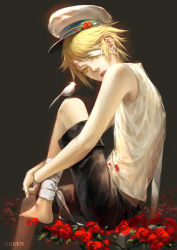 Rule 34 | 1boy, androgynous, bird, black background, blonde hair, earrings, eyelashes, flower, greenchou, hat, jewelry, male focus, oliver (vocaloid), own hands together, petals, sailor hat, short hair, sitting, solo, stud earrings, vocaloid, yellow eyes