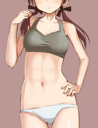 Rule 34 | 1girl, abs, bad id, bad tumblr id, blush, breasts, brown hair, catocala, cowboy shot, gertrud barkhorn, hand on own hip, head out of frame, long hair, low twintails, navel, panties, parted lips, red background, simple background, small breasts, solo, strike witches, sweat, tank top, twintails, underwear, underwear only, white panties, world witches series
