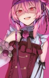 Rule 34 | 1girl, absurdres, black bow, bow, clothing cutout, dress, flower, hair between eyes, hair flower, hair ornament, highres, holding, holding leash, leash, nijisanji, nijisanji en, open mouth, pink flower, pink hair, pink rose, pov, purple background, red dress, rose, rosemi lovelock, satou rin (gobugabuge), shaded face, shoulder cutout, simple background, smile, solo, viewer on leash, virtual youtuber