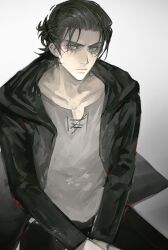Rule 34 | 1boy, absurdres, baijichi, black hair, black jacket, black pants, collarbone, cross-laced clothes, cross-laced top, eren yeager, facial mark, forehead, gradient background, green eyes, grey shirt, half updo, highres, hood, hood down, hooded jacket, jacket, looking at viewer, male focus, open clothes, open jacket, pants, shingeki no kyojin, shirt, short hair, simple background, sitting, solo, upper body, upswept hair