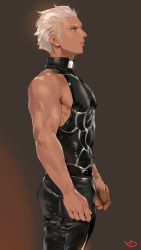 Rule 34 | 1boy, absurdres, archer (fate), arms at sides, artist name, bare arms, bare shoulders, black eyes, brown background, covered navel, cowboy shot, fate/stay night, fate (series), forehead, from side, highres, looking afar, male focus, manly, muscular, parted lips, profile, signature, silver hair, simple background, sleeveless, solo, standing, unitard, yd (orange maru)