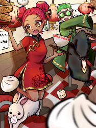 Rule 34 | 1boy, 1girl, alternate costume, apex legends, baozi, black pants, bowl, breasts, china dress, chinese clothes, double bun, dress, earrings, eyeliner, food, green jacket, hair bun, highres, holding, holding tray, jacket, jewelry, lantern, lifeline (apex legends), looking at viewer, looking down, medium breasts, nepitasu, octane (apex legends), open mouth, pants, rabbit, red dress, red eyeliner, red hair, sharp teeth, smile, teeth, tray