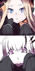 Rule 34 | !, !!, 2girls, 2koma, abigail williams (fate), bad id, bad pixiv id, black bow, black dress, black hat, blonde hair, blue eyes, blush, bow, cheek squash, comic, dress, eye contact, fate/grand order, fate (series), flying sweatdrops, forehead, hair bow, hat, head tilt, highres, horns, long hair, long sleeves, looking at another, looking at viewer, multiple girls, nose blush, orange bow, pale skin, parted bangs, parted lips, pink eyes, polka dot, polka dot bow, silent comic, single horn, sleeves past wrists, v-shaped eyebrows, wada kazu, wavy mouth, white hair