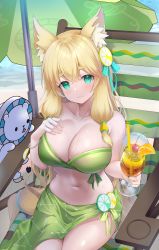 Rule 34 | 1girl, :3, absurdres, animal ear fluff, animal ears, argentum 2o, bare shoulders, beach, beach chair, beach umbrella, bikini, bikini top only, blonde hair, bracelet, breasts, cherry, cleavage, cup, drinking straw, food, fruit, green bikini, green eyes, hair between eyes, hand on own chest, highres, holding, holding cup, jewelry, large breasts, long hair, looking at viewer, low twintails, maimai (game), orange (fruit), orange slice, sand, shiny skin, sitting, solo, strapless, strapless bikini, swimsuit, thick eyebrows, thighs, twintails, umbrella, water