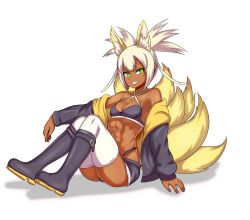 Rule 34 | 1girl, abs, animal ears, bare shoulders, boots, borrowed character, breasts, collarbone, commission, cutoffs, dark-skinned female, dark skin, fang, fox ears, fox girl, fox tail, full body, green eyes, grin, harumi (elh), high ponytail, highres, jacket, knee boots, long hair, looking at viewer, multiple tails, nav (itsnav), off shoulder, original, ponytail, short shorts, shorts, simple background, sitting, small breasts, smile, solo, tail, teeth, thighhighs, toned, white background, white hair, white thighhighs
