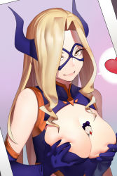 Rule 34 | 10s, 1boy, 1girl, absurdres, age difference, bare shoulders, between breasts, blonde hair, blood, bodysuit, boku no hero academia, grabbing another&#039;s breast, breasts, cleavage, cleavage cutout, closed mouth, clothing cutout, domino mask, drill hair, elbow gloves, giant, giantess, gloves, grabbing, grabbing own breast, hair over one eye, half-closed eyes, hands on breasts, hands on own breasts, happy, heart, hetero, highres, horns, large breasts, long hair, looking at viewer, mask, mineta minoru, mount lady, no pupils, nosebleed, person between breasts, pink lips, purple hair, red neckwear, ri (1071362165), school uniform, seductive smile, size difference, sleeveless, smile, speech bubble, spoken heart, thought bubble, twin drills, upper body, very long hair, yellow eyes