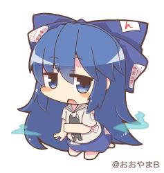 Rule 34 | artist name, blue bow, blue eyes, blue hair, blue skirt, blush stickers, bow, chibi, debt, grey hoodie, hair bow, hood, hoodie, kneeling, long hair, ooyama bokuchi, open mouth, short sleeves, simple background, skirt, solo, stuffed animal, stuffed cat, stuffed toy, touhou, white background, yorigami shion