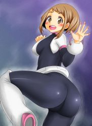 Rule 34 | 10s, 1girl, adahcm, ass, belt, blush, bodysuit, boku no hero academia, boots, breasts, brown eyes, brown hair, from behind, highres, large breasts, long hair, looking at viewer, shiny clothes, skin tight, smile, solo, uraraka ochako, uraraka ochako (hero outfit), wide hips