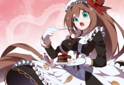 Rule 34 | 1girl, apron, black dress, breasts, brown hair, cake, commission, dress, eating, food, food on body, food on breasts, fork, fruit, gloves, green eyes, hair ribbon, holding, holding fork, iris (mega man), kaidou zx, long hair, medium breasts, mega man (series), mega man x (series), mega man x dive, official alternate costume, pixiv commission, ribbon, solo, strawberry, valentine, very long hair, white apron, white gloves, white headwear