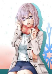 Rule 34 | 1girl, alternate costume, coat, commentary request, earbuds, earphones, fate/grand order, fate (series), glasses, highres, mash kyrielight, purple eyes, purple hair, red scarf, scarf, sezok, short hair, sitting, skirt, solo