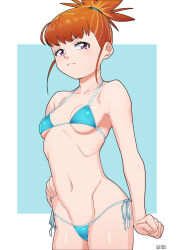 Rule 34 | 1girl, annoyed, arm at side, artist logo, bikini, blue background, blue bikini, blush, breasts, brown hair, cleft of venus, closed mouth, collarbone, cowboy shot, digimon, eyebrows, eyelashes, female focus, gssaturday, hand on own hip, looking at viewer, makino ruki, petite, pink eyes, ponytail, purple eyes, ribs, short hair, short ponytail, side-tie bikini bottom, simple background, small breasts, solo, spiked hair, standing, swimsuit, two-tone background, white background