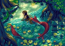 Rule 34 | 1girl, absurdres, bare shoulders, blush, brown hair, commentary, english commentary, forest, from above, from side, grass, highres, in water, long hair, looking at viewer, mermaid, monster girl, nature, nostalgia tree, original, parted bangs, pixel art, plant request, red tail, solo, tree, water