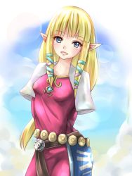Rule 34 | 1girl, arms behind back, blonde hair, blue eyes, blush, breasts, cloud, day, dress, hair ribbon, highres, jewelry, lens flare, looking at viewer, nintendo, open mouth, pink dress, pointy ears, princess zelda, racket ti1, ribbon, sky, smile, solo, the legend of zelda, the legend of zelda: skyward sword