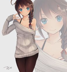 Rule 34 | 10s, 1girl, adapted costume, ahoge, artist name, bikini, bikini under clothes, black bikini, blue eyes, braid, breasts, brown hair, casual, cleavage, collarbone, dress, grey background, hair flaps, hair ornament, hair over shoulder, hand to own mouth, highres, kantai collection, long sleeves, looking at viewer, medium breasts, off-shoulder, off-shoulder sweater, off shoulder, pantyhose, ribbed sweater, shigure (kancolle), shigure kai ni (kancolle), signature, sleeves past wrists, smile, solo, sweater, sweater dress, swimsuit, swimsuit under clothes, tebi (tbd11), zoom layer