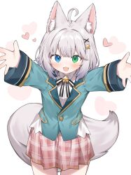 Rule 34 | 1girl, \o/, absurdres, ahoge, animal ears, aqua jacket, arms up, blue eyes, breasts, commentary request, fang, fox ears, fox girl, fox tail, green eyes, grey hair, grey tail, hair ornament, hairclip, heart, heterochromia, highres, inuyayo, jacket, layla (oda), looking at viewer, medium hair, open mouth, original, outstretched arms, pink skirt, plaid, plaid skirt, simple background, skirt, small breasts, solo, standing, star (symbol), star hair ornament, tail, upper body