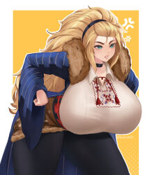 Rule 34 | 1girl, absurdres, bent over, blonde hair, blue coat, blue eyes, breasts, coat, eyelashes, female focus, grin, highres, huge breasts, leaning forward, long hair, muscular, nastart, original, outline, pantyhose, smile, solo, standing, teeth, thick thighs, thighs, white outline, wide hips, wide sleeves, yellow background