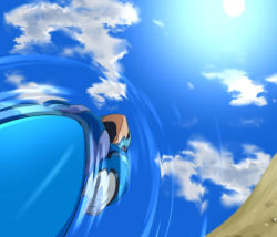 Rule 34 | 1boy, armor, blue armor, clenched hand, cloud, commentary request, from below, helmet, looking down, male focus, mega man (series), mega man x (series), outdoors, parco 1315, puddle, sky, solo, sun, x (mega man)