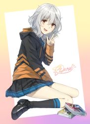 Rule 34 | 1girl, :d, black footwear, black jacket, black skirt, black socks, blue necktie, book, brown eyes, collared shirt, commentary request, full body, hair between eyes, hand up, highres, hood, hood down, hooded jacket, jacket, kneehighs, loafers, long sleeves, looking at viewer, necktie, open mouth, original, personification, pleated skirt, shirt, shoes, signature, silver hair, sitting, skirt, sleeves past wrists, smile, socks, solo, somechime (sometime1209), w, wariza, white shirt