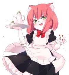 Rule 34 | 1girl, animal ears, apron, arm up, black dress, brown hair, carrying, cat ears, coffee beans, cup, dress, fang, furry, furry female, green eyes, highres, maid, open mouth, original, short hair, smile, solo, teacup, teapot, tray, yuuki (yuyuki000)