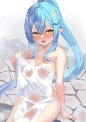 Rule 34 | 1girl, absurdly long hair, blue hair, breasts, cleavage, collarbone, covered navel, highres, holding, hololive, large breasts, long hair, naked towel, nude, onsen, pointy ears, see-through, sen (central 9029), simple background, steam, towel, very long hair, virtual youtuber, wet, wet clothes, wide hips, yellow eyes, yukihana lamy