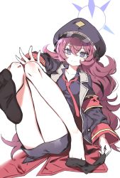 Rule 34 | 1girl, absurdres, armband, black shirt, black skirt, blue archive, blush, halo, hat, highres, iroha (blue archive), jacket, looking at viewer, military, military hat, military uniform, necktie, red hair, red necktie, removing sock, ryoma (rym 369), safety pin, shirt, simple background, skirt, socks, solo, thighs, uniform, white background