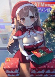 Rule 34 | 1girl, blush, box, breasts, brown eyes, brown hair, capelet, christmas, christmas tree, closed mouth, commentary request, dress, fur trim, gloves, hat, highres, holding, holding box, kodama (sakura yuki), large breasts, long hair, looking at viewer, original, pantyhose, pom pom (clothes), red capelet, red dress, sakura yuki (clochette), santa costume, santa hat, solo, standing, table, white gloves