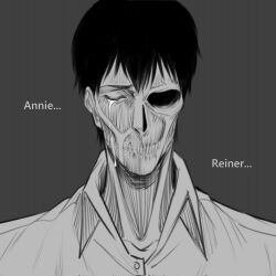 Rule 34 | 1boy, bertolt hoover, character name, closed eyes, collared shirt, crying, derivative work, english text, exposed muscle, greyscale, highres, kuobi meon, male focus, monochrome, portrait, sad, screencap redraw, shingeki no kyojin, shirt, short hair, skull, solo, split theme, tears from one eye