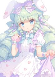 Rule 34 | 1girl, :o, absurdres, animal ears, apron, blue eyes, blush, bow, commentary request, commission, drill hair, frilled apron, frilled bow, frilled skirt, frills, green hair, hair bow, has bad revision, has downscaled revision, heart, highres, long hair, looking at viewer, md5 mismatch, miruku (cutesuu), original, parted lips, pixiv commission, puffy short sleeves, puffy sleeves, purple bow, purple skirt, rabbit ears, resolution mismatch, sacraneco, shirt, short sleeves, sidelocks, simple background, skirt, skirt hold, solo, source smaller, suspender skirt, suspenders, very long hair, waist apron, white apron, white background, white shirt, wrist cuffs