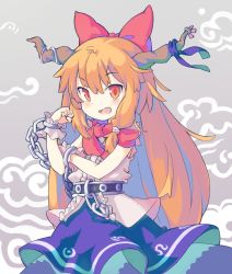 Rule 34 | 1girl, belt, blue ribbon, bow, bowtie, bras d&#039;honneur, chain, clenched hand, cowboy shot, cuffs, fang, flexing, hair between eyes, hair bow, hand on own arm, horn ornament, horn ribbon, horns, ibuki suika, long hair, looking at viewer, nano (mianhua maoqiu), open mouth, orange hair, purple background, purple skirt, red bow, red bowtie, red eyes, ribbon, shackles, shirt, skirt, sleeveless, smile, solo, touhou, very long hair, white shirt, wrist cuffs